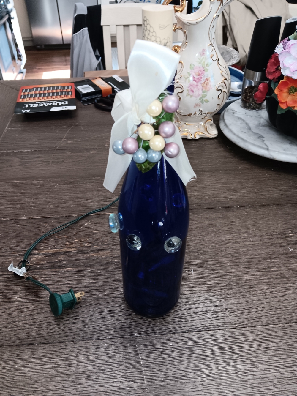 Decorative Cobalt Blue Glass Bottle with Pastel Bead Accent and Bow -lights Up
